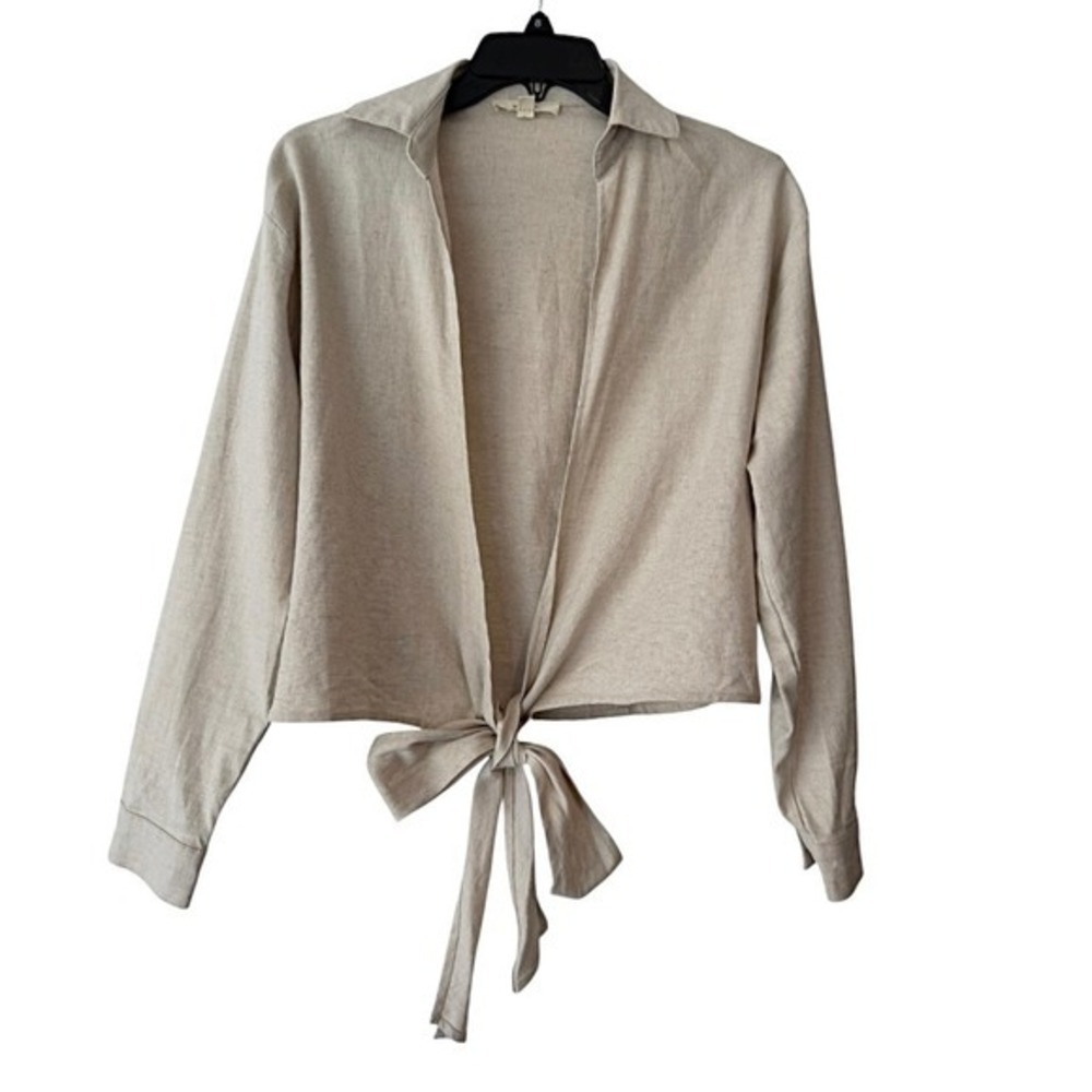 MABLE Linen Blend Front Tie Crop Top Oatmeal Beige Long Sleeve Blouse Small